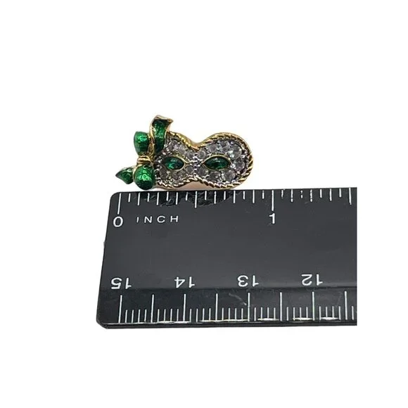 Swarovski Crystal Green Enamel Mardi Gras Mask Lapel Pin Tie Tack Signed READ! - Picture 8 of 10